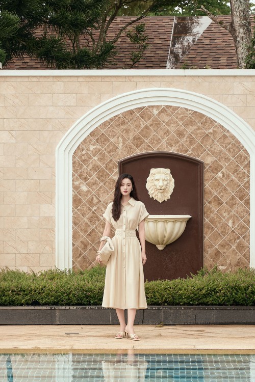 Sixdo Dark Cream Organza Flared Dress